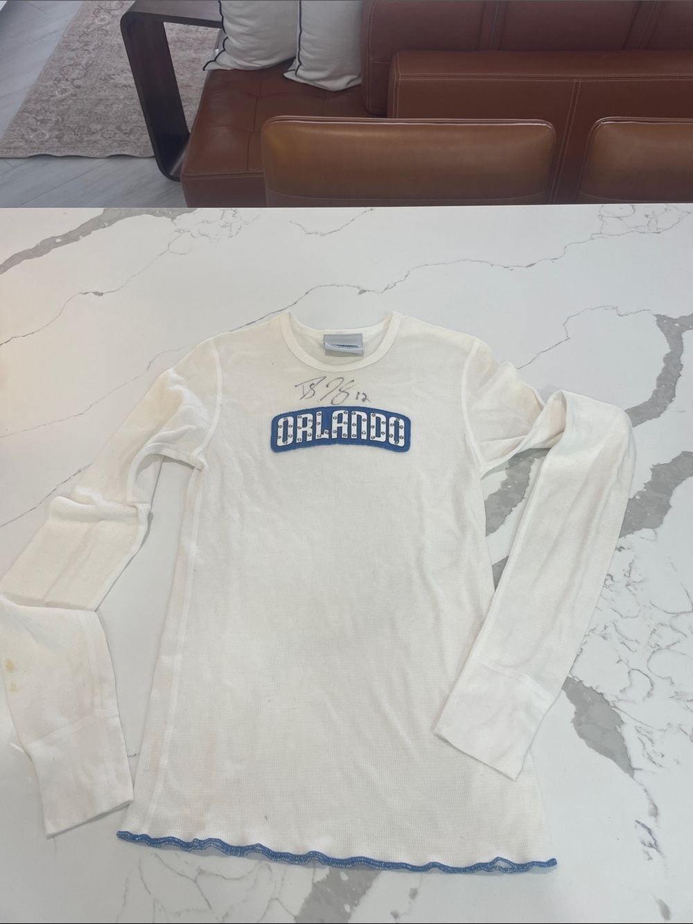 White 'Orlando' MAGIC signed Long Sleeve Tee with Blue Trim Top